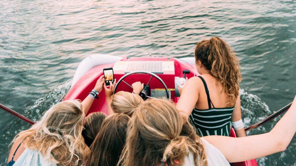 Group of girls riding a boat