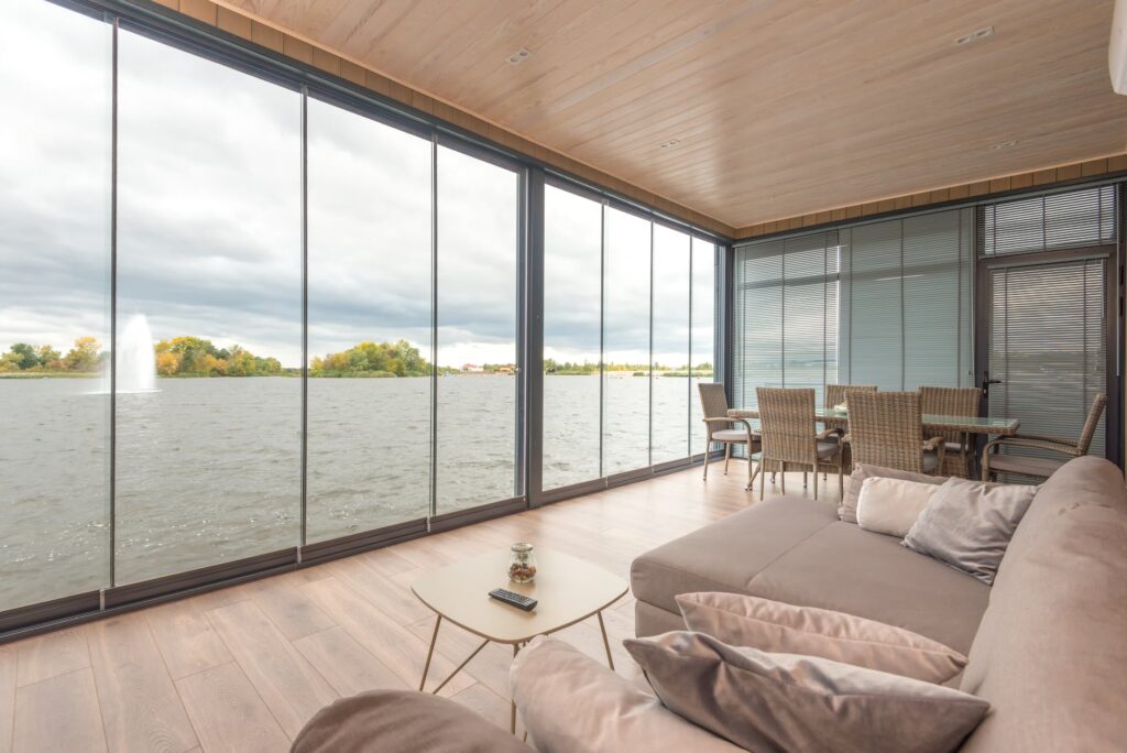 A lakeview room with cloudy sky